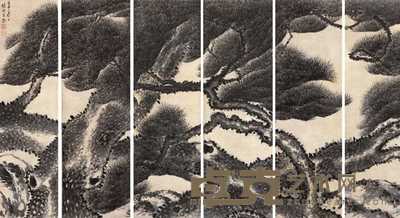 王概 壬申（1692年）作 通景松树 六条屏 142×45cm×6